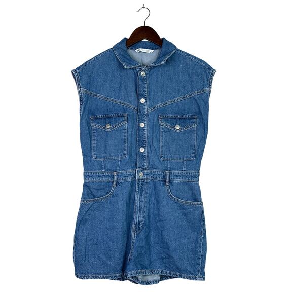 Zara Sleeveless Collard Button Denim Short Jean Shorts Romper L Dark Wash Blue - Picture 12 of 15